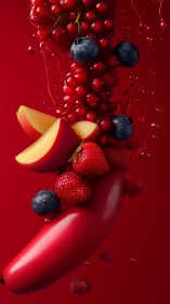 Vibrant red banana sculpture suspends mixed berries midair