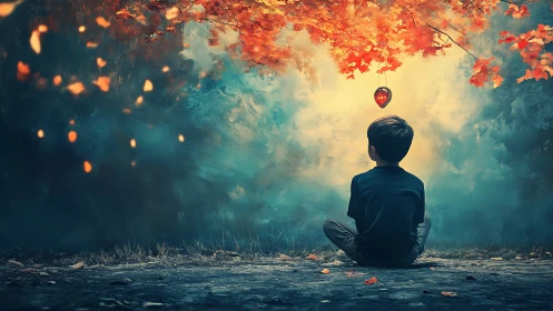 Boy sits under glowing autumn leaves and hanging heart.