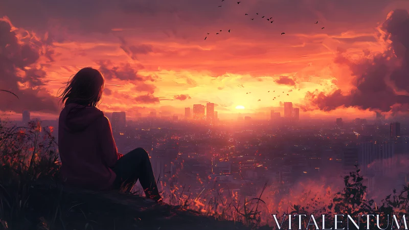 Solitary silhouette overlooking incandescent city sunset.