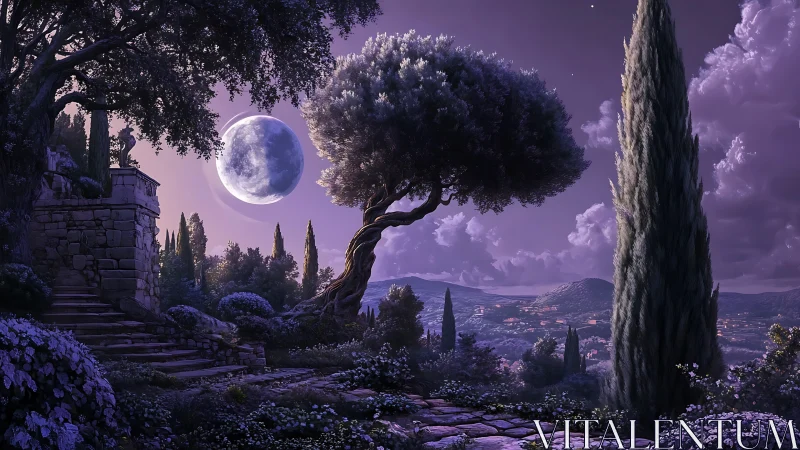 Purple moonlit hillside garden with cypress trees at night.