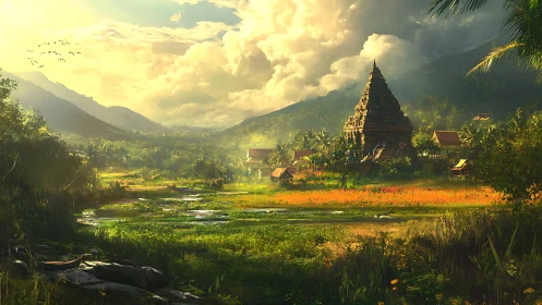 Sunlit jungle temple dreaming under thundercloud skies.