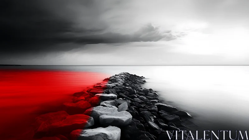Monochrome seascape jetty with selective red long exposure