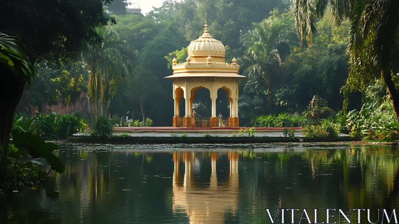 Garden pavilion reflected in still pond under dense foliage.