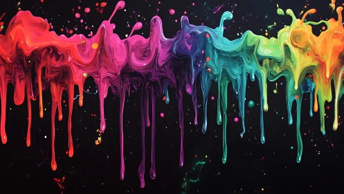 Vibrant rainbow paint drips across dark abstract background.