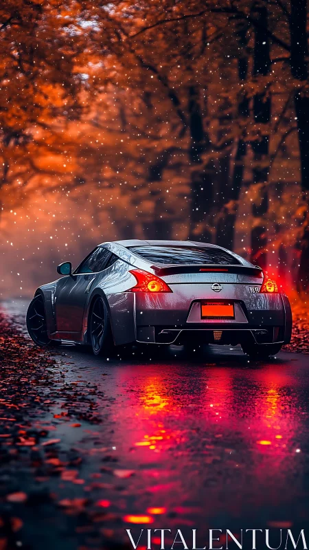 Sport coupe glows against wet autumn road under falling snow