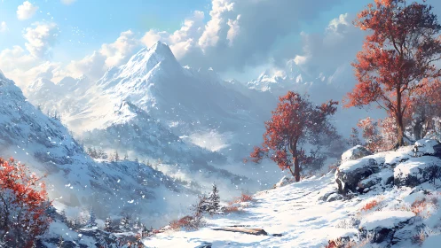 Snow-covered mountain valley with red-leaved trees in foreground.