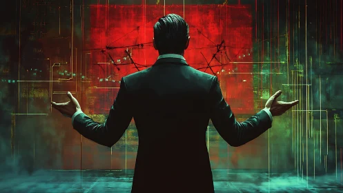 Power‑poised strategist before a burning data canvas.