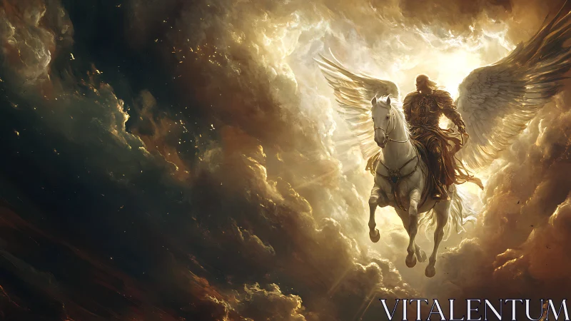 Winged paladin on radiant warhorse cleaving stormlit heavens.