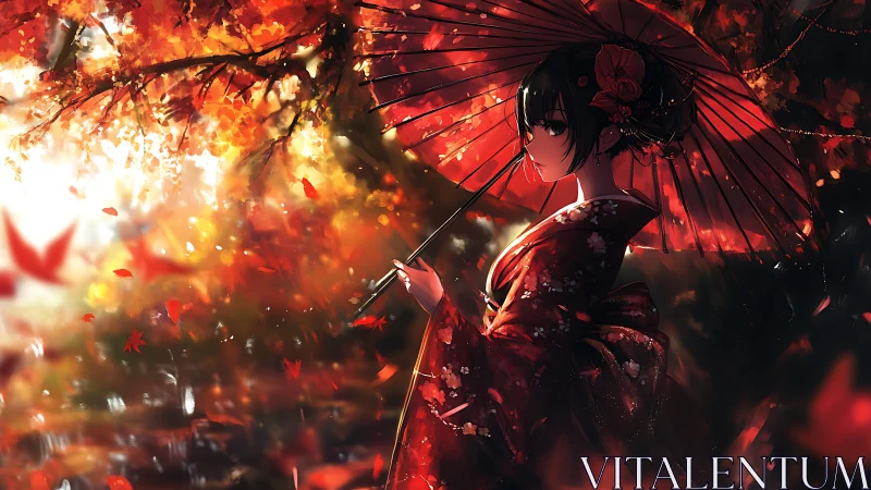 Autumn kimono portrait under red wagasa renders cinematic light
