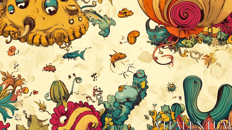 Surreal marine-organic ecosystem rendered in high-saturation ink lines