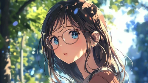 Sunlit anime portrait of girl with glasses in dappled forest