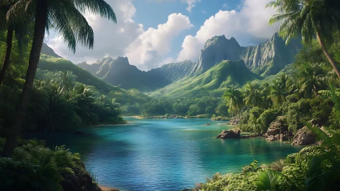 Tropical Valley Lake Landscape with Lush Mountain Peaks.