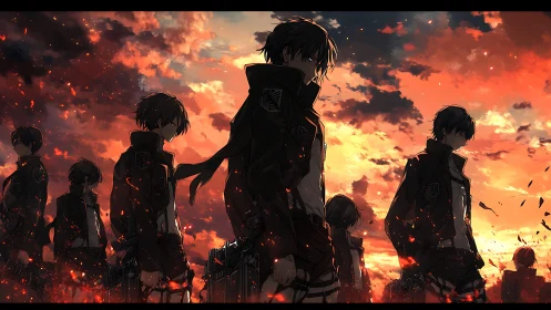 Ember-lit soldiers stride forward beneath a burning sky