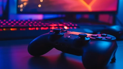 Photographic study of gaming controller with RGB desktop glow.