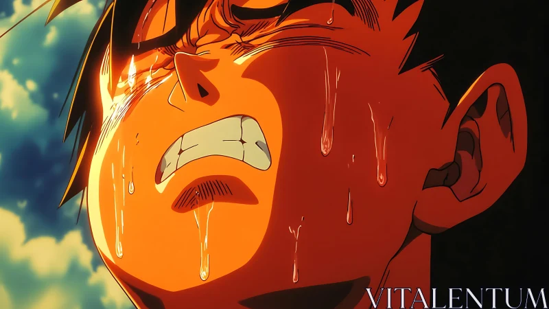 Crying anime hero glows under harsh golden sunset light.
