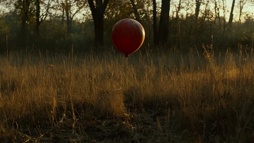 Solitary red balloon interrupts dusk-lit autumn grassland scene