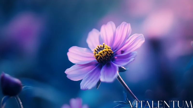 Pink Cosmos Flower with Yellow Center, Blurred Blue Background