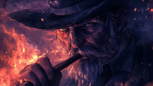 Cinematic close-up of grizzled gunslinger lit by dynamic fire glow