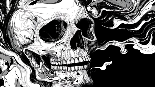 Skull rendered in high-contrast fluid black and white linework