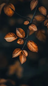 Autumn branch with orange leaves against dark blurred background.