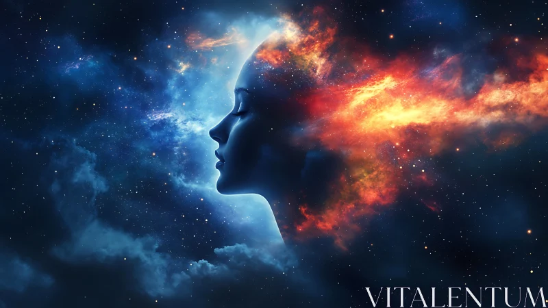 Starlit profile dreamily blends with a glowing cosmic nebula