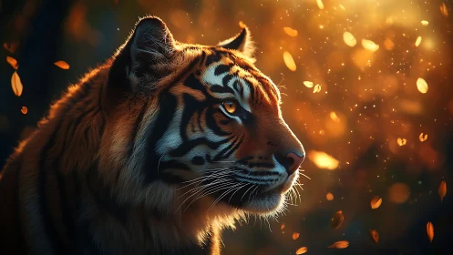 Side profile tiger stands in warm backlit forest setting