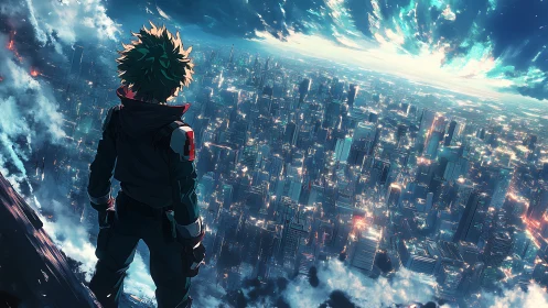 Lone anime hero surveys a storm-lit futuristic megacity
