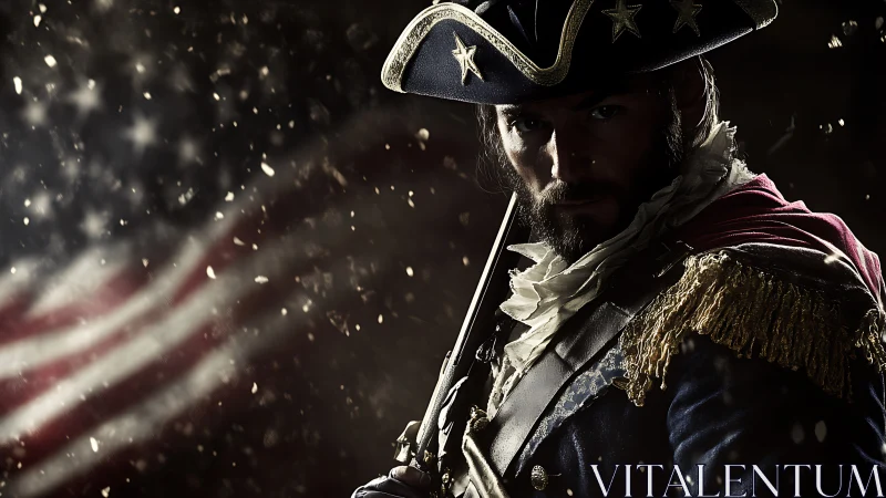 Revolutionary War officer stands before blurred US flag