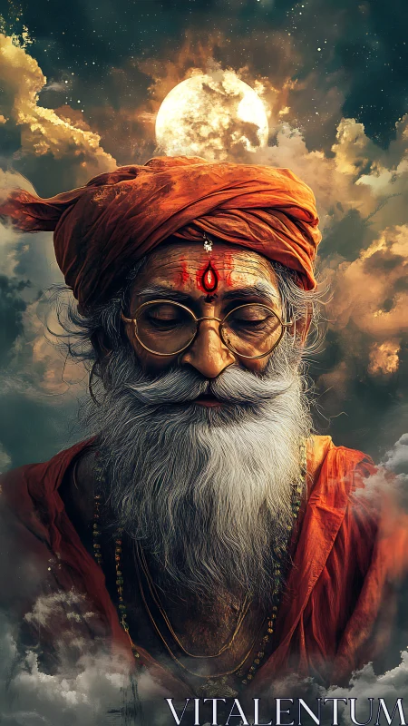 Mystic sage meditates beneath luminous full moon.