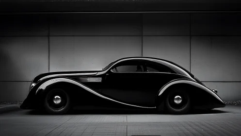 Sleek vintage black coupe glides gracefully through soft light