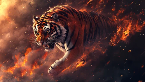 Tiger charging through blazing inferno with dramatic sparks.