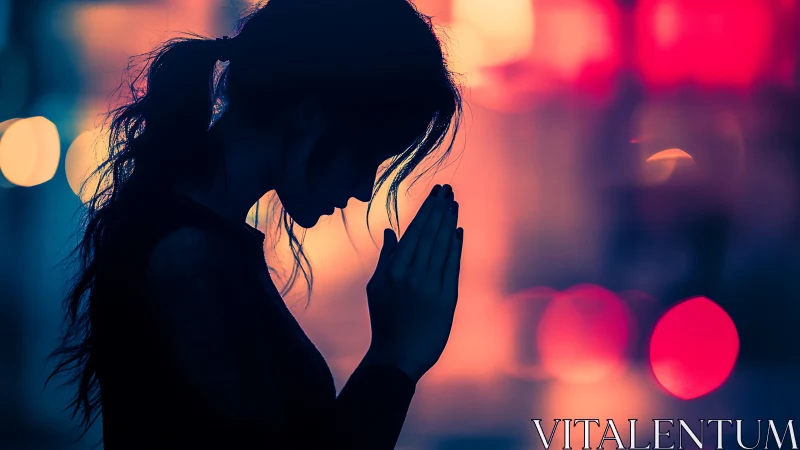 Quiet moment of prayer in soft neon evening light.