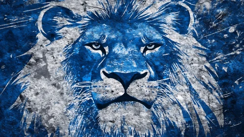 Textured blue and white lion portrait with rough spray-painted detailing