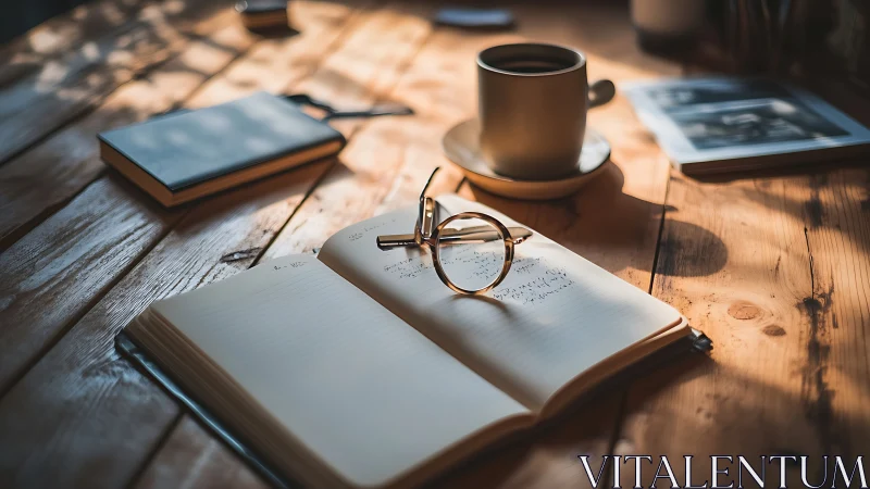 Morning journal still life with glasses and coffee mug.