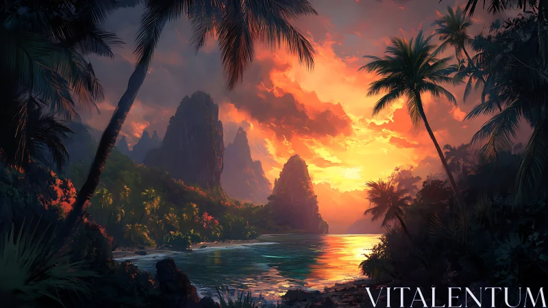 Tropical Sunset Bay with Limestone Cliffs.