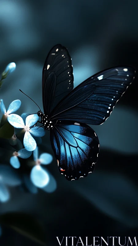 Blue butterfly on pale blossoms in moody close-up portrait.
