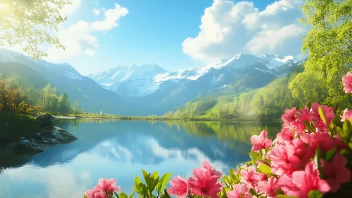 Mountain lake landscape with snow peaks and flowers.