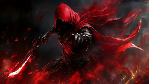 Hooded red assassin lunges through swirling crimson fire.