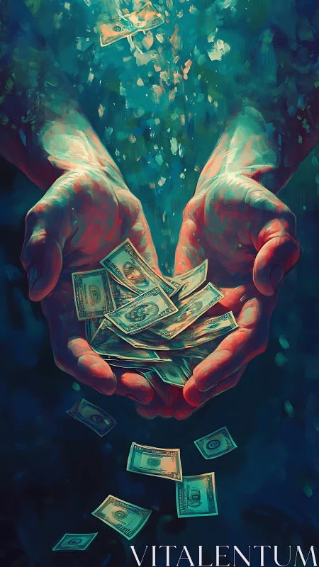 Hands hold and release multiple banknotes in suspended motion