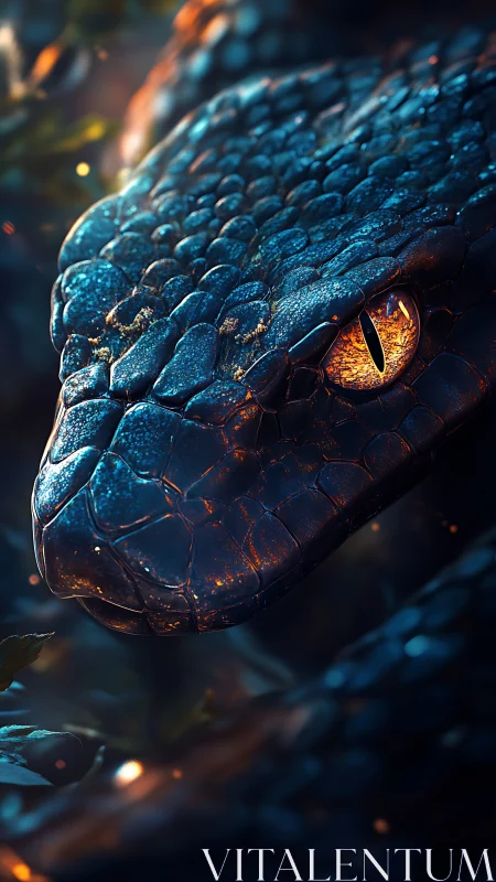 Iridescent serpent portrait under cinematic rim lighting.