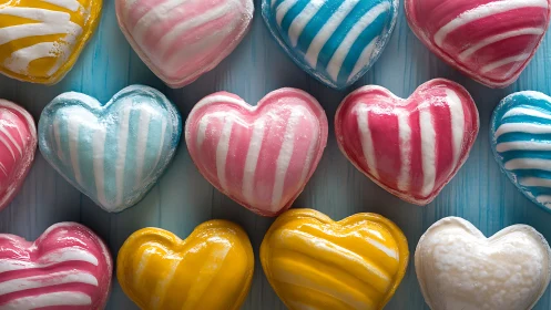 Striped Hard Candy Hearts with Lustrous Gloss Coating on Blue Wooden Surface