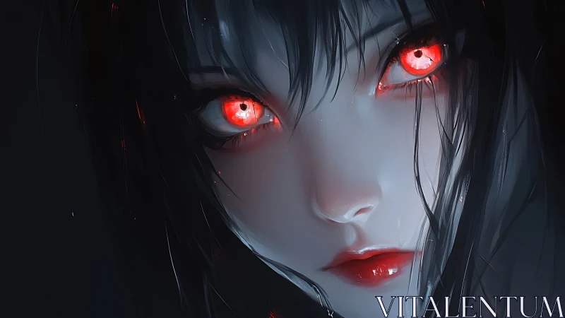 Scarlet-eyed anime girl stares through the darkness in silence