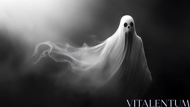 Ghostly wraith drifts through swirling monochrome mist.