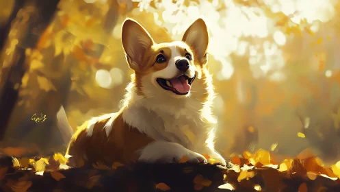 Corgi resting in warm autumn forest light, smiling calmly.