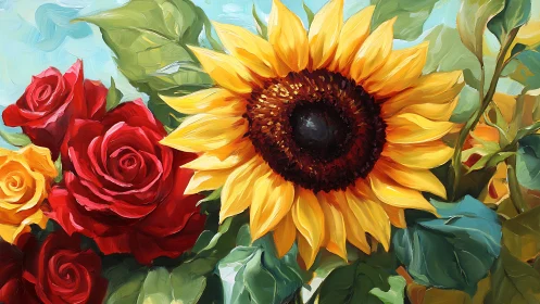 Sunflower and rose bouquet in vivid impasto oil rendering