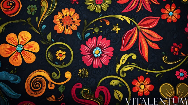 Floral scrollwork pirouettes across jewel-toned midnight