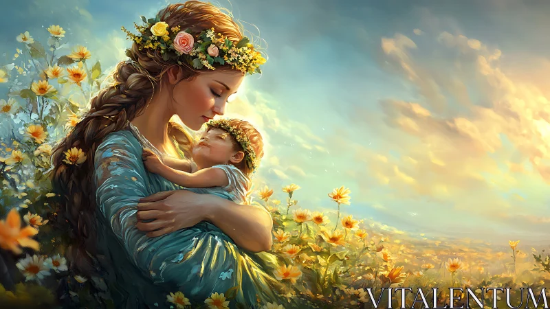 Mother and child embrace in a glowing wildflower meadow.