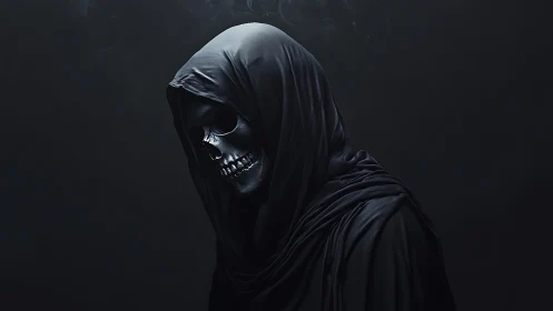 Hooded skeletal reaper in cinematic low key monochrome portrait.