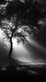 Solitary tree silhouette cuts through radiant misty sunlight