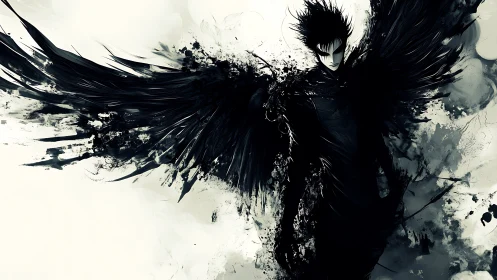 Shadow angel erupting in ink-splatter monochrome storm.